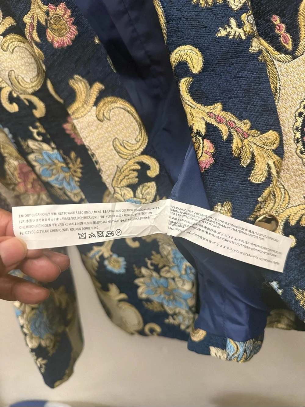 Moon River Navy Floral Jacquard Blazer with Gold Accents - Picture 4 of 8